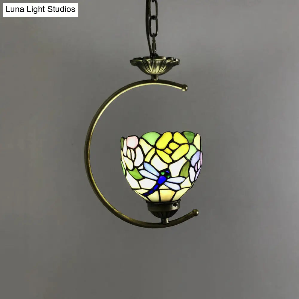 Bronze C-Frame Pendant Light with Geometric Cut Glass Shade