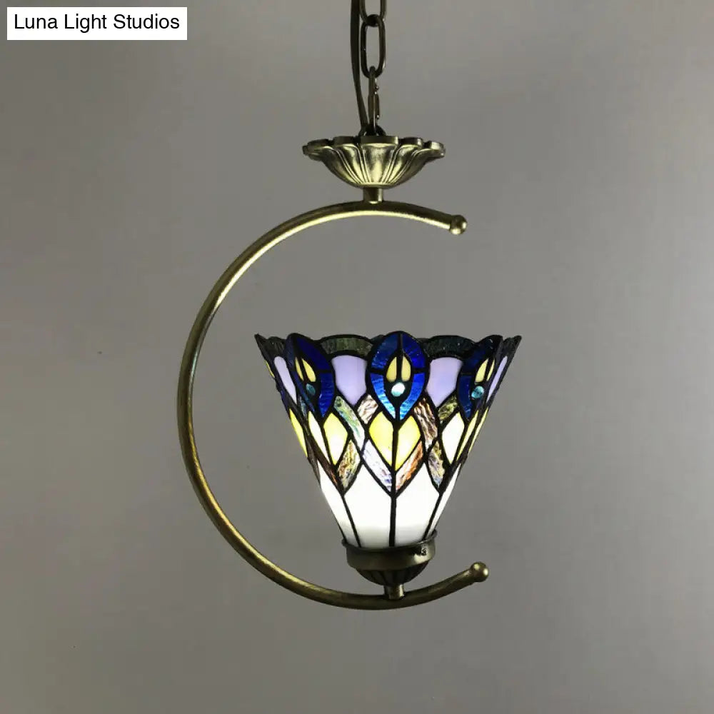 Bronze C-Frame Pendant Light with Geometric Cut Glass Shade