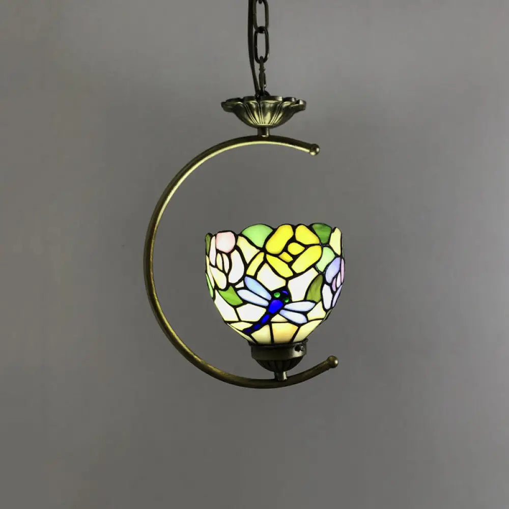 Bronze C-Frame Pendant Light with Geometric Cut Glass Shade