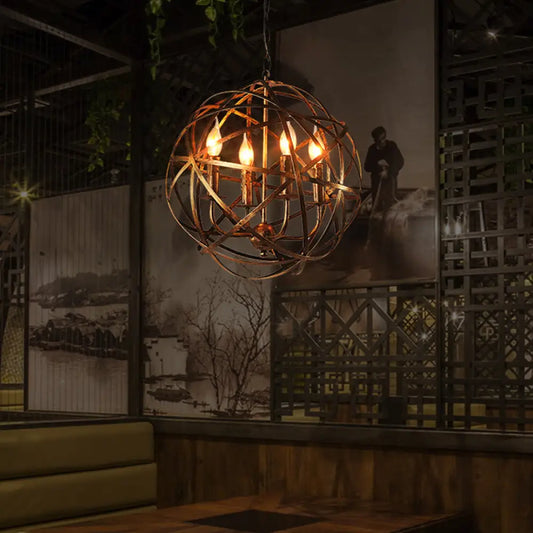 Bronze Cage Chandelier with 4 Globe Lights for Restaurant Ceiling