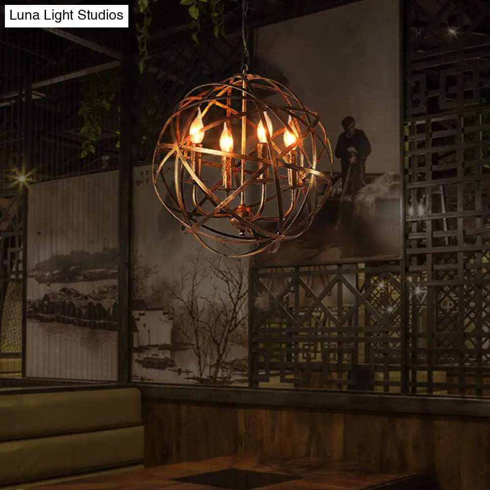 Bronze Cage Chandelier with 4 Globe Lights for Restaurant Ceiling