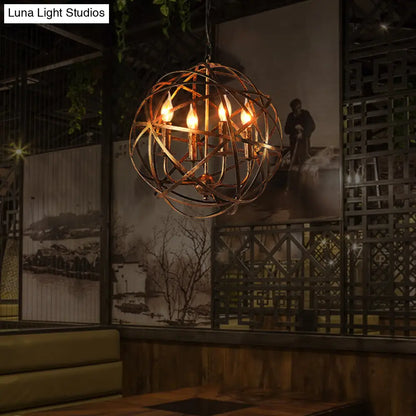 Bronze Cage Chandelier with 4 Globe Lights for Restaurant Ceiling