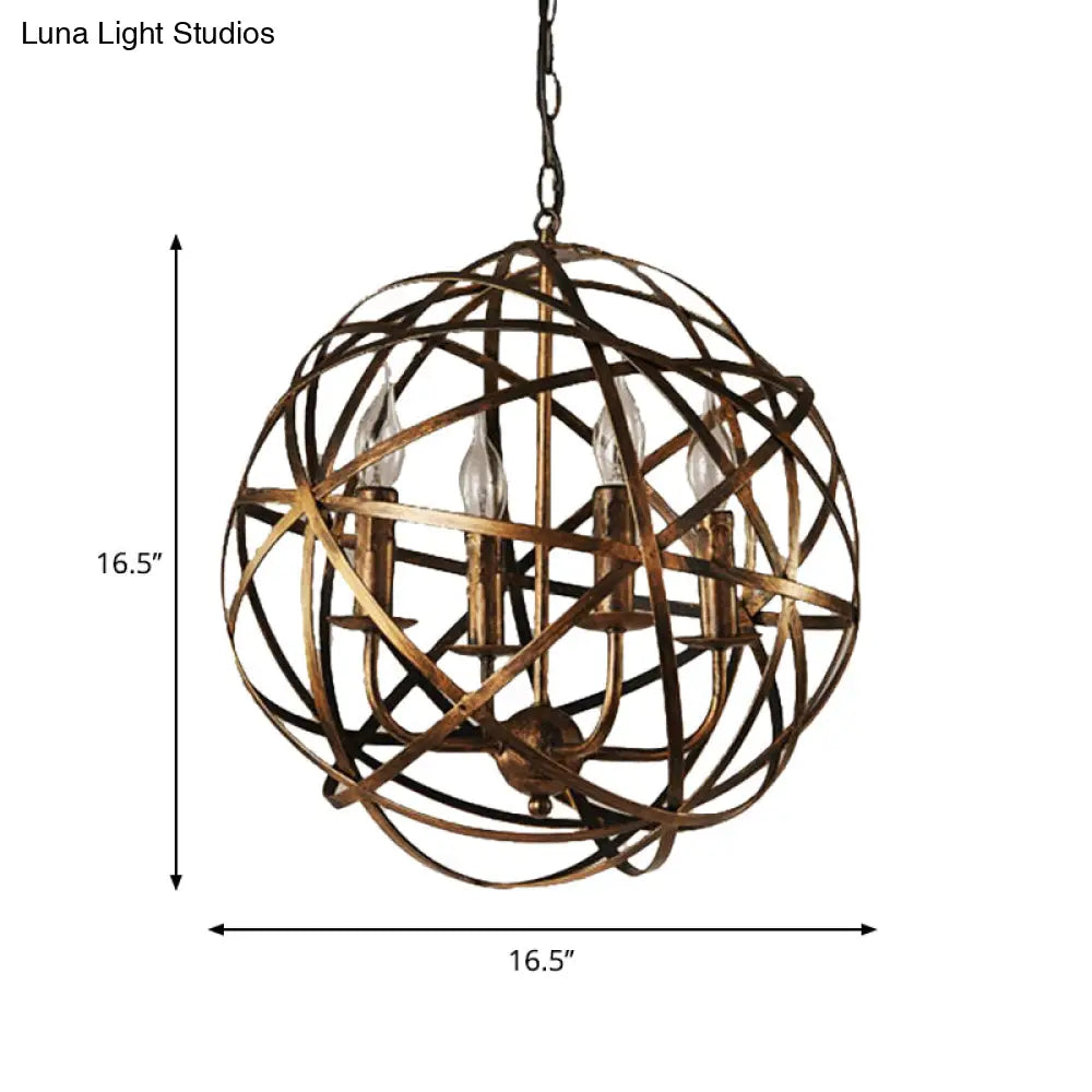 Bronze Cage Chandelier with 4 Globe Lights for Restaurant Ceiling