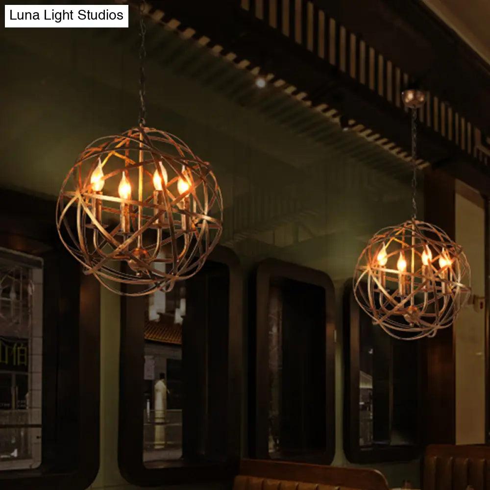 Bronze Cage Chandelier with 4 Globe Lights for Restaurant Ceiling