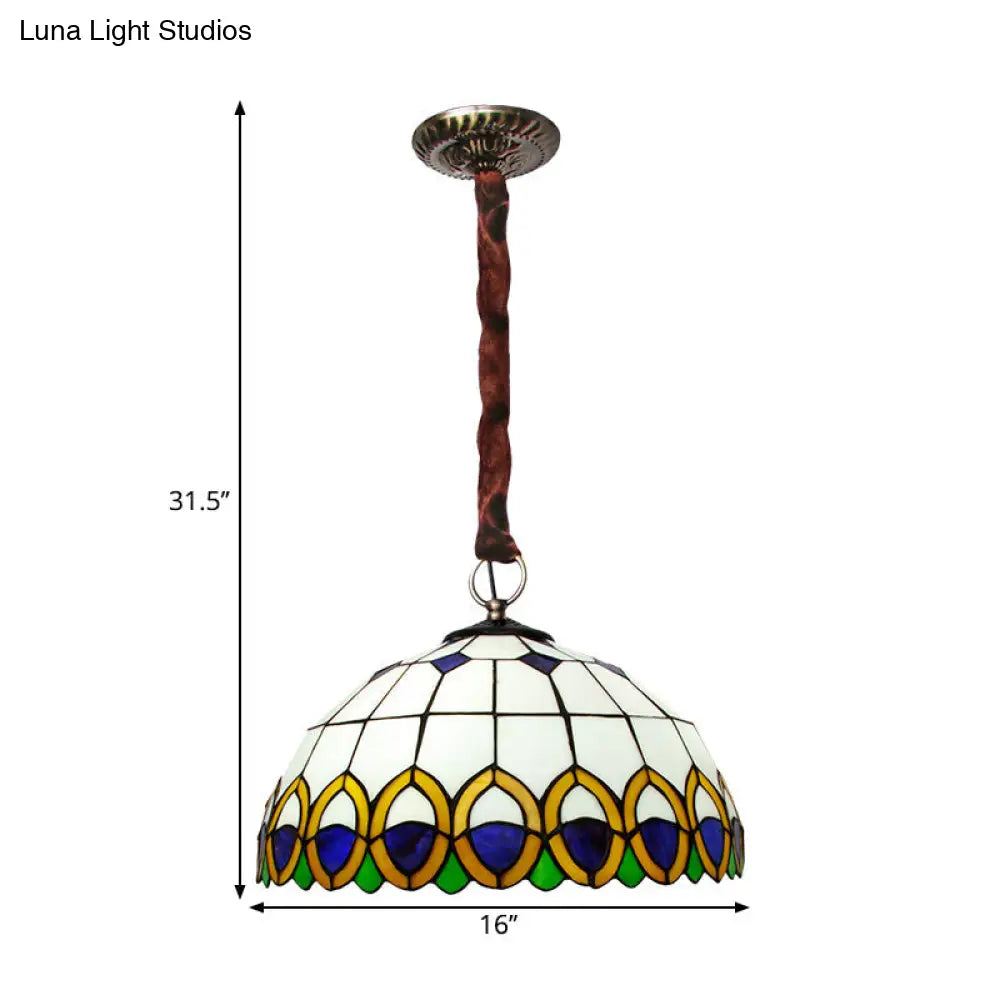 Bronze Ceiling Light Dome with Cut Glass, Peacock Feather Pattern - Mediterranean Chandelier