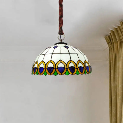 Bronze Ceiling Light Dome with Cut Glass, Peacock Feather Pattern - Mediterranean Chandelier