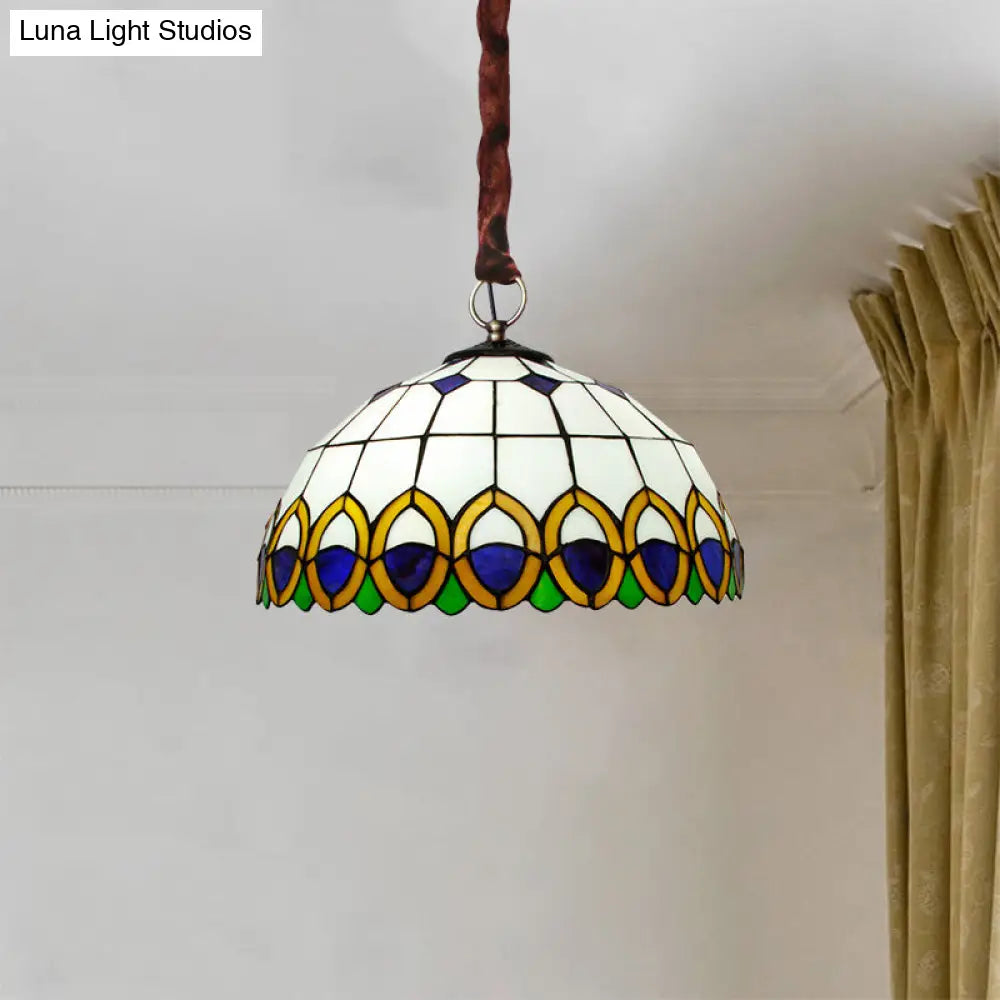 Bronze Ceiling Light Dome with Cut Glass, Peacock Feather Pattern - Mediterranean Chandelier