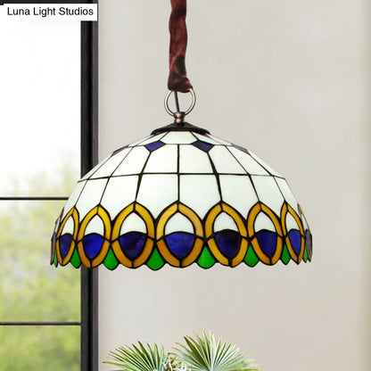 Bronze Ceiling Light Dome with Cut Glass, Peacock Feather Pattern - Mediterranean Chandelier