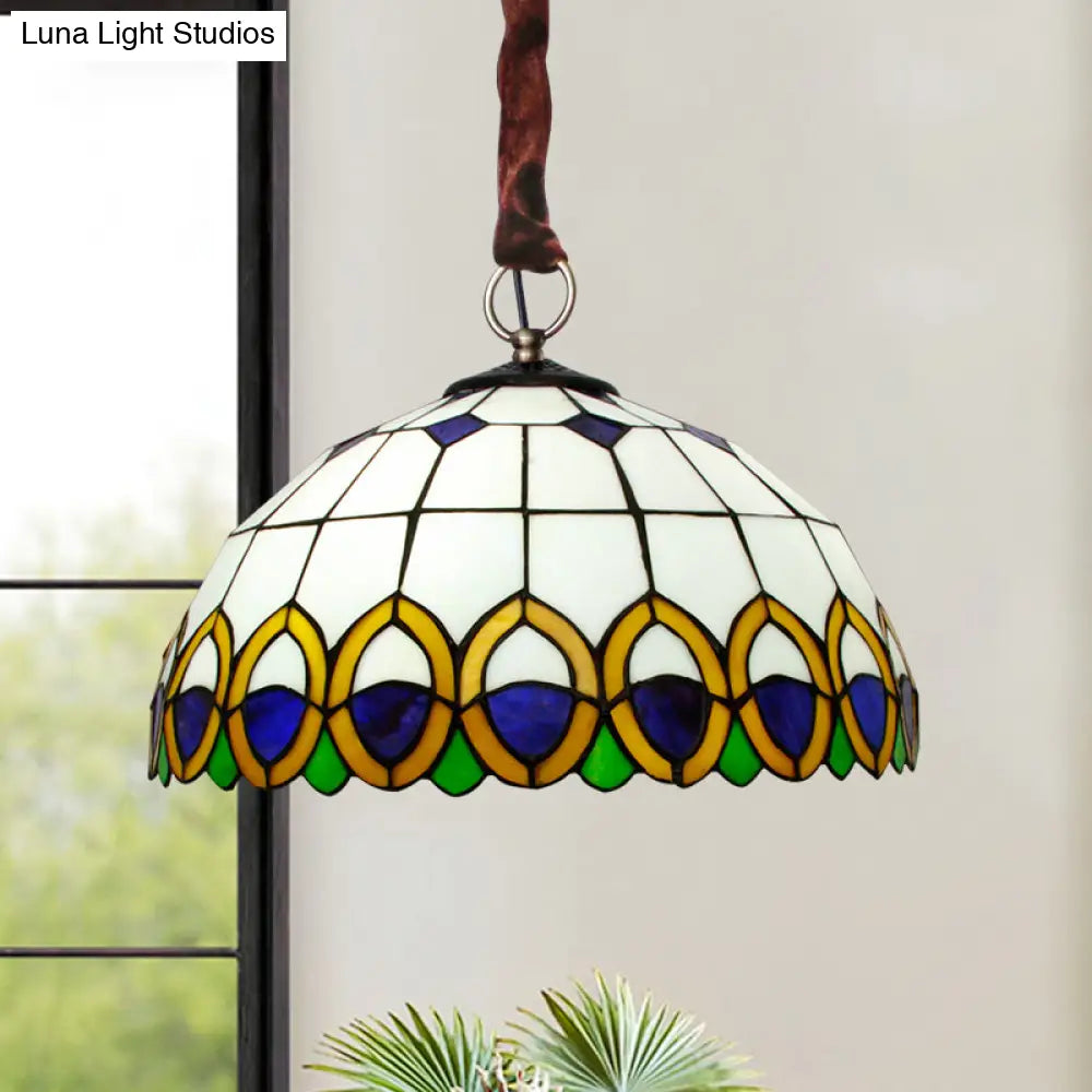 Bronze Ceiling Light Dome with Cut Glass, Peacock Feather Pattern - Mediterranean Chandelier