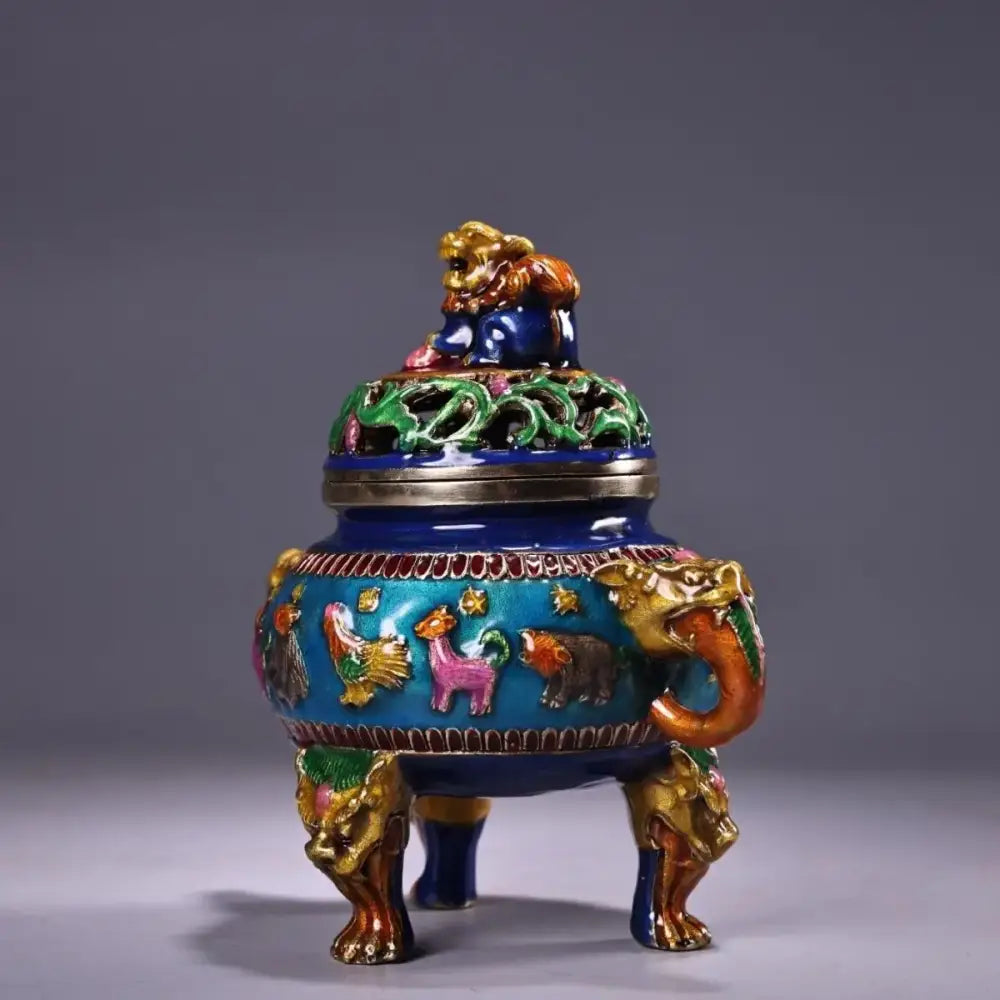 Vibrant blue and gold bronze cloisonne lion incense burner with animal motifs for decorbites bronze cloisonne living room decor