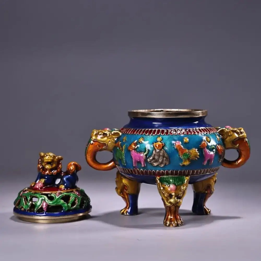 Vibrant blue enamel bronze cloisonne lion incense burner with gold handles and colorful decorbites bronze cloisonne figures