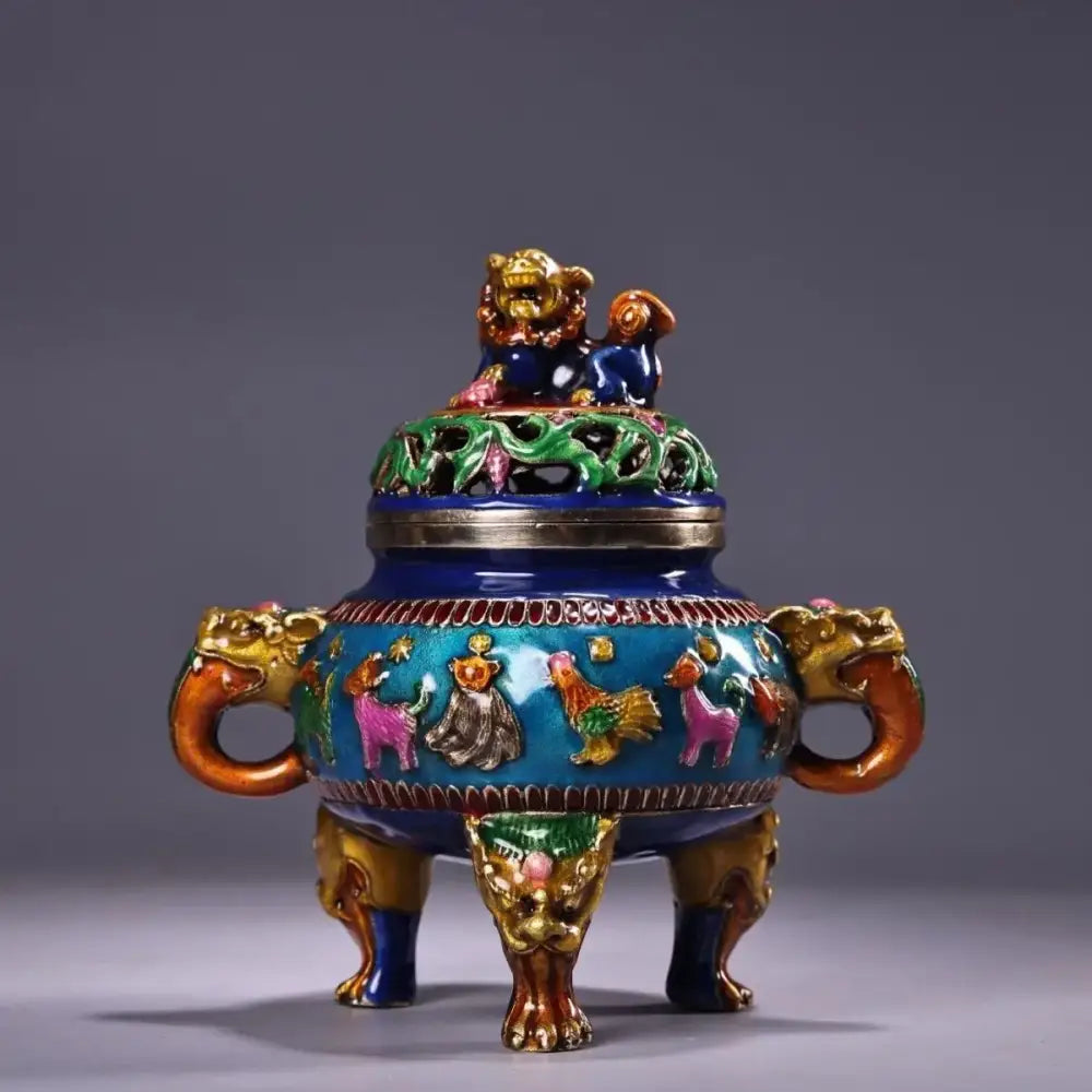 Blue enamel bronze cloisonne lion incense burner with gold handles feet colorful figures and golden guardian lid decorbites decor
