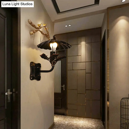 Bronze Cone Sconce with Leaf Decoration and Square Backplate - 1-Light Industrial Wall Lamp