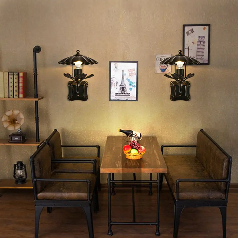 Bronze Cone Sconce with Leaf Decoration and Square Backplate - 1-Light Industrial Wall Lamp