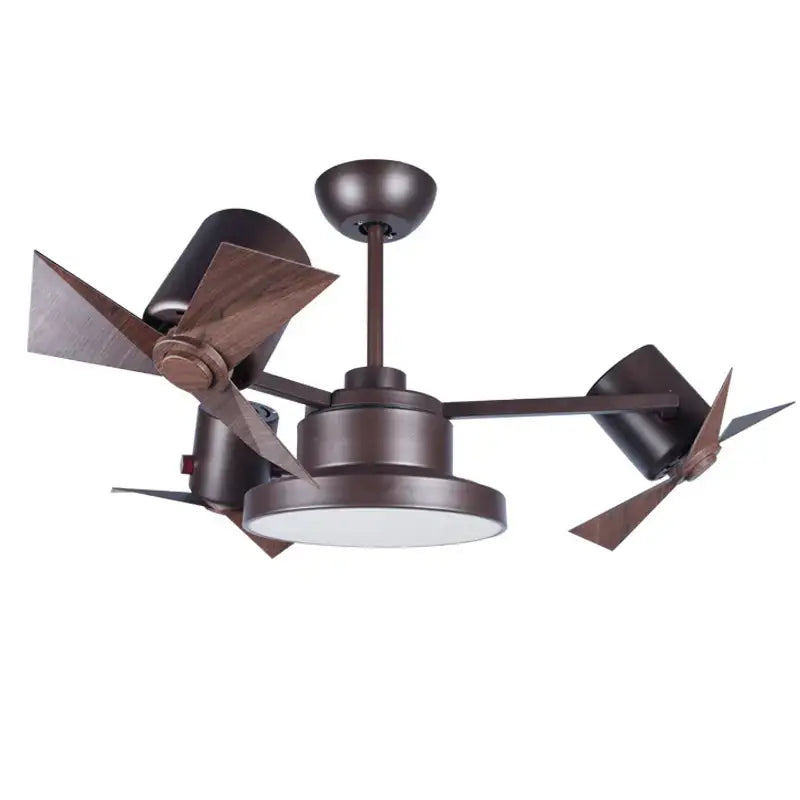 Bronze decorbites ceiling fan with three wooden blades and integrated lighting fixtures for living room use