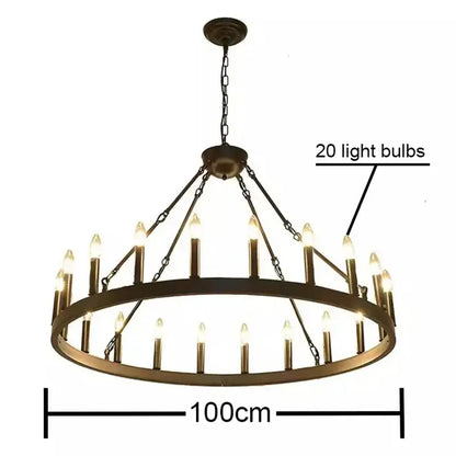 Antique brass decorbites iron round led pendant chandelier with 20 candle-style bulbs for living room lighting