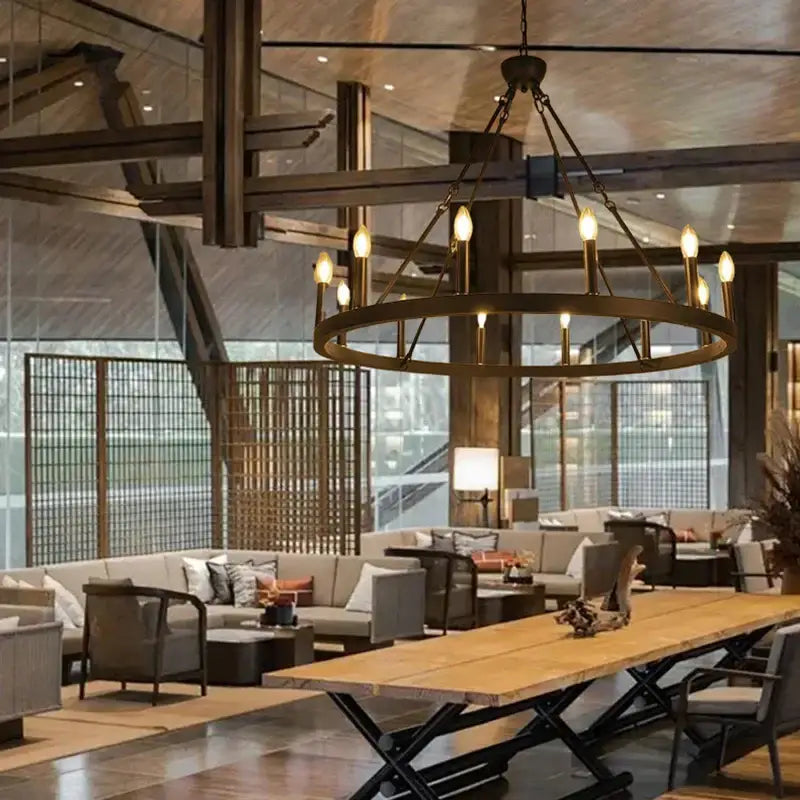 Industrial-style bronze decorbites iron round led pendant chandelier with multiple exposed bulbs for living room