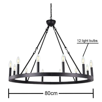 Black wrought iron decorbites iron round chandelier with 12 candle-style bulbs for living room lighting