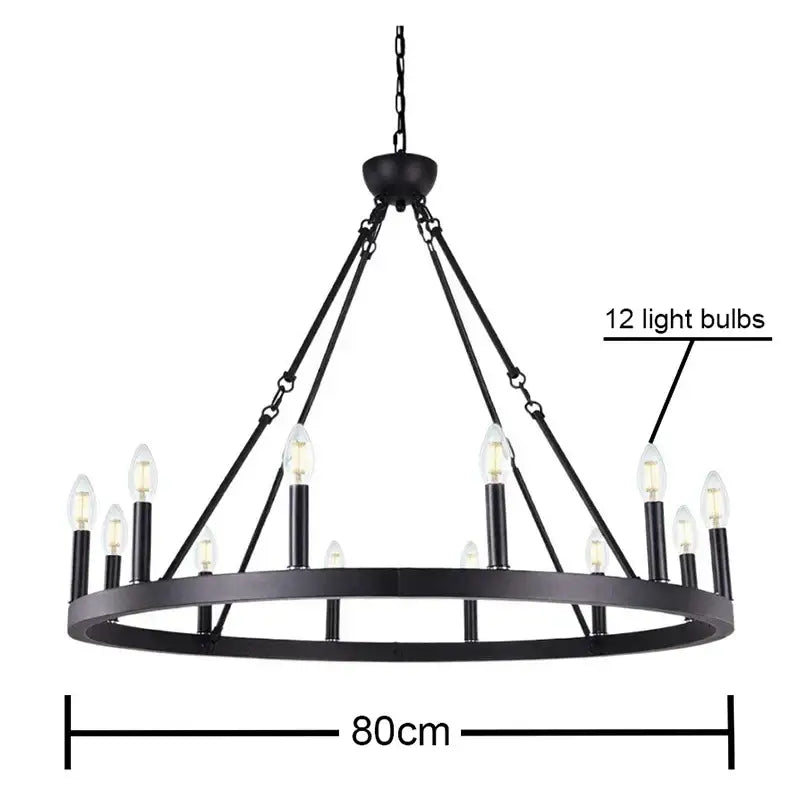 Black wrought iron decorbites iron round chandelier with 12 candle-style bulbs for living room lighting