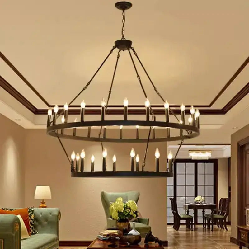 Black wrought iron round led pendant chandelier with two circular tiers and candle-style bulbs for living room decorbites iron round
