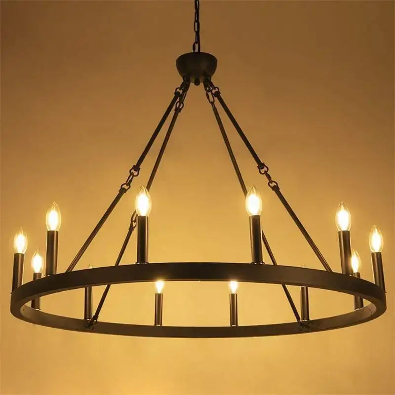 Black decorbites iron round led pendant chandelier with twelve candle-style bulbs for living room lighting