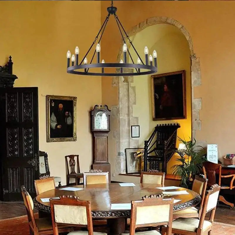 Black wrought iron round led pendant chandelier with multiple exposed bulbs for living room decorbites iron round design