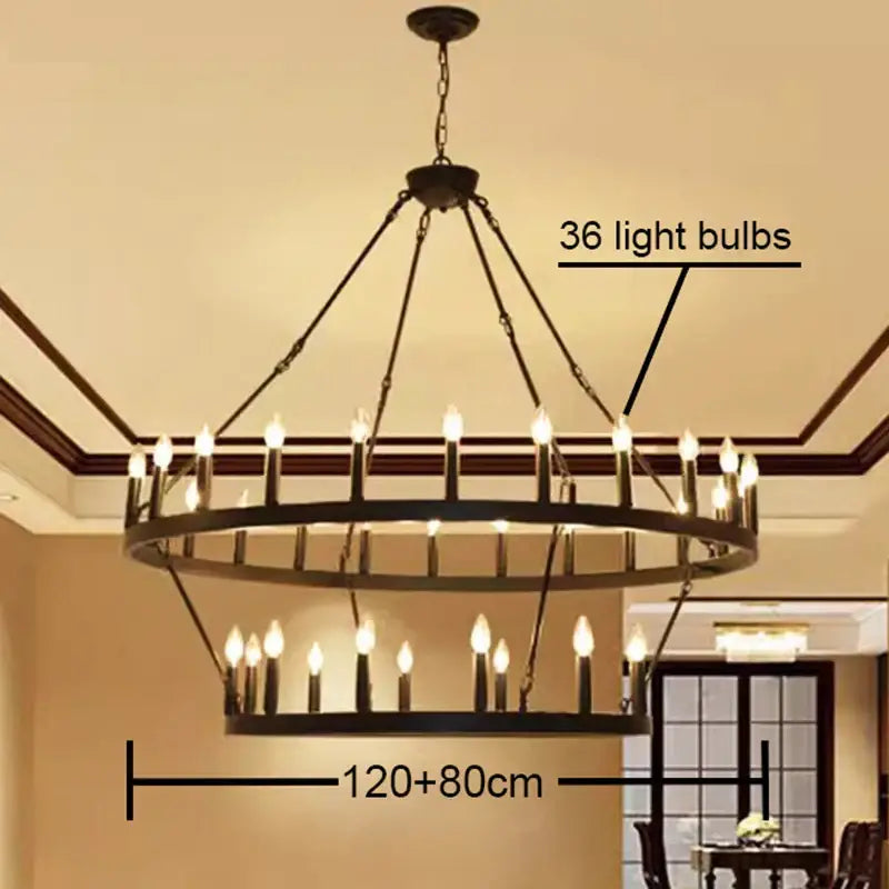 Dark bronze decorbites iron round double-tier chandelier with 36 candle-style bulbs for living room lighting