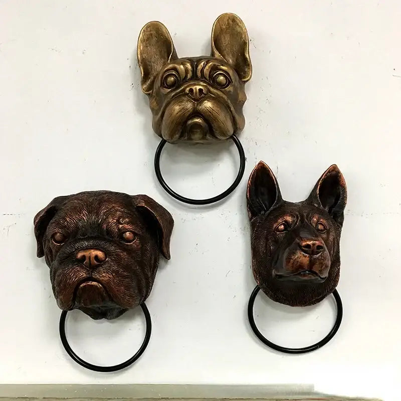 Bronze dog head door knocker pendant with black metal rings for courtyard wall decor