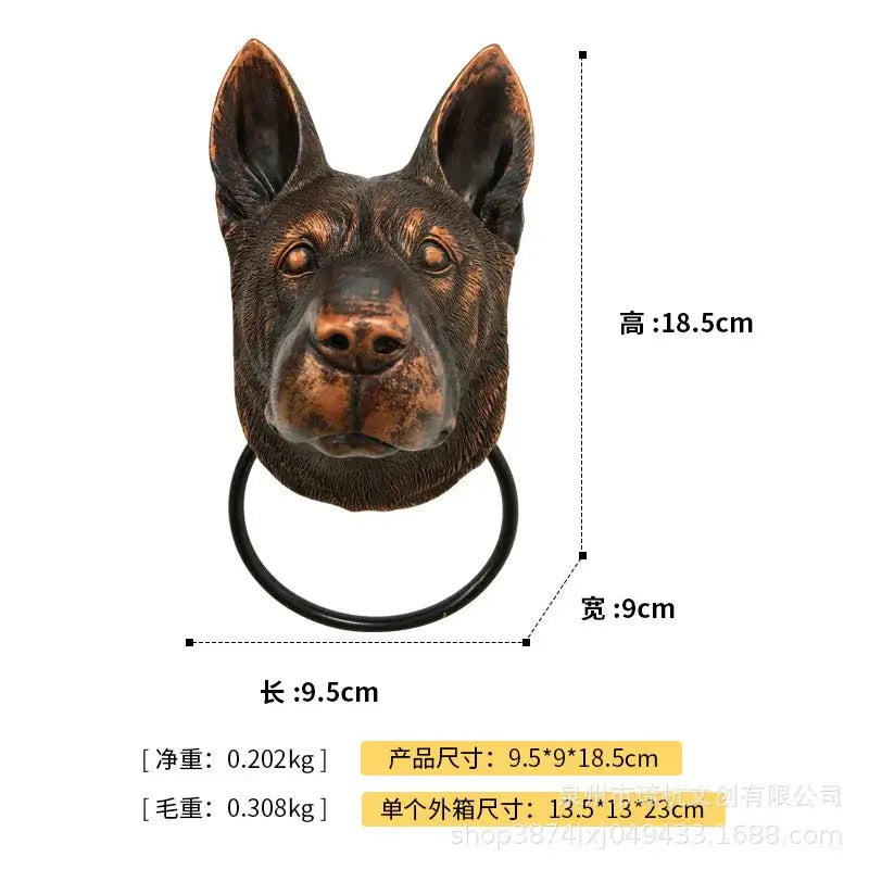 Bronze dog head door knocker with german shepherd design and black circular ring for courtyard wall pendant