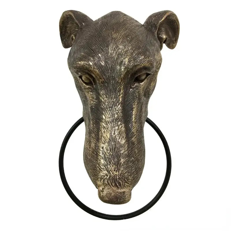 Antique bronze-colored dog head door knocker with a black circular ring for courtyard wall pendant use