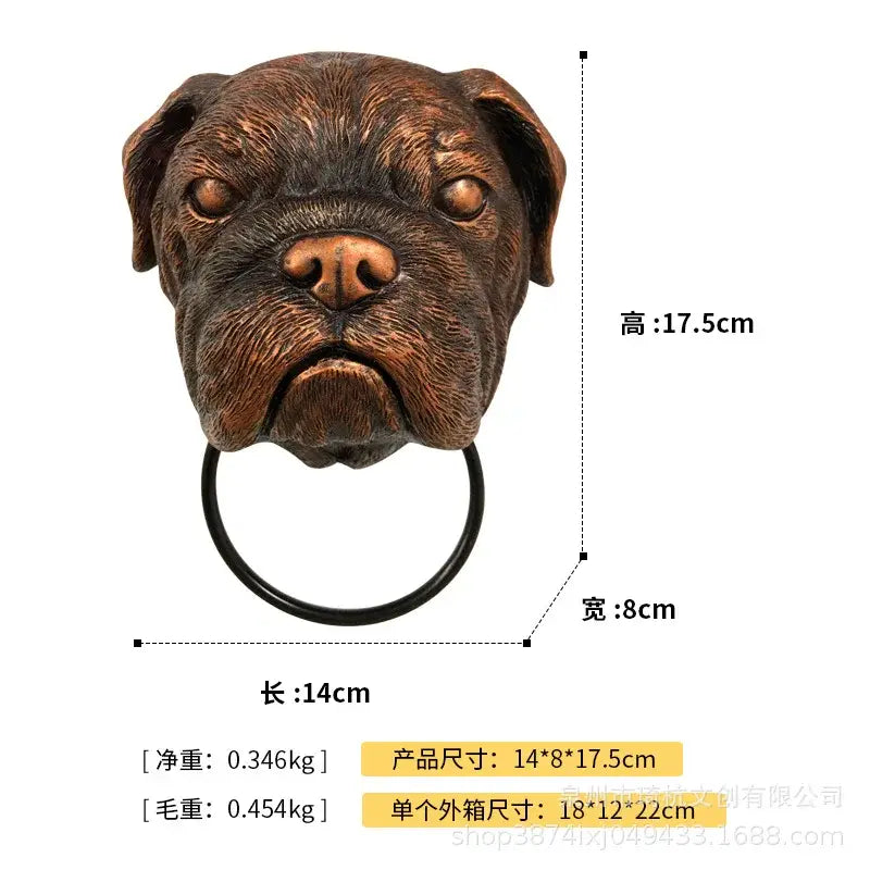Bronze dog head door knocker with intricate detailing and black circular ring for courtyard wall pendant use