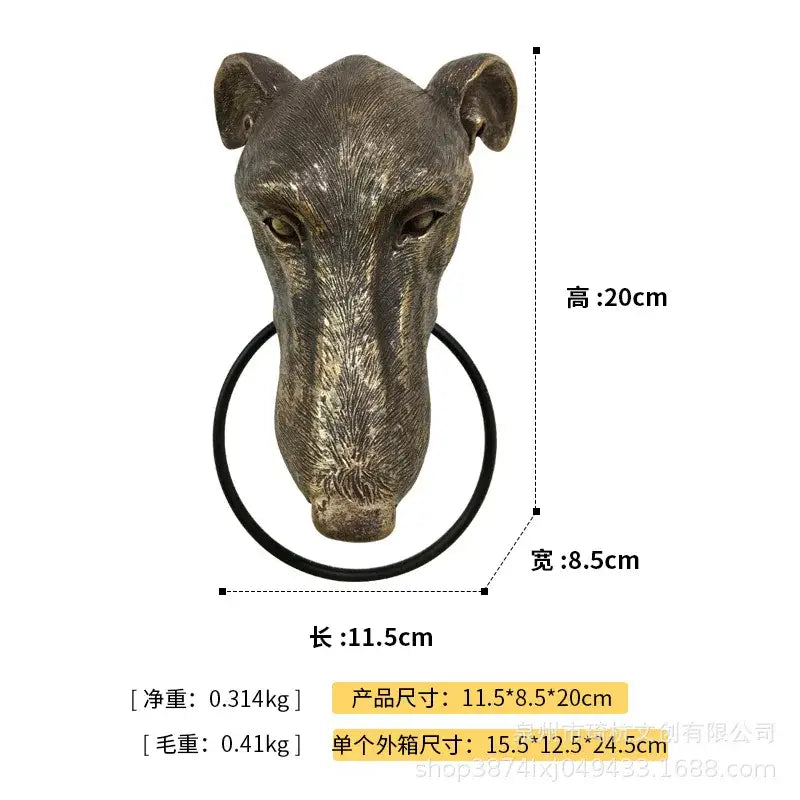 Bronze dog head door knocker pendant with intricate detailing and circular ring for courtyard wall use