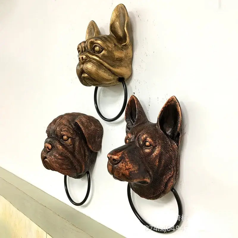 Bronze dog head door knocker pendant with sculpted design and black metal rings for courtyard wall decor