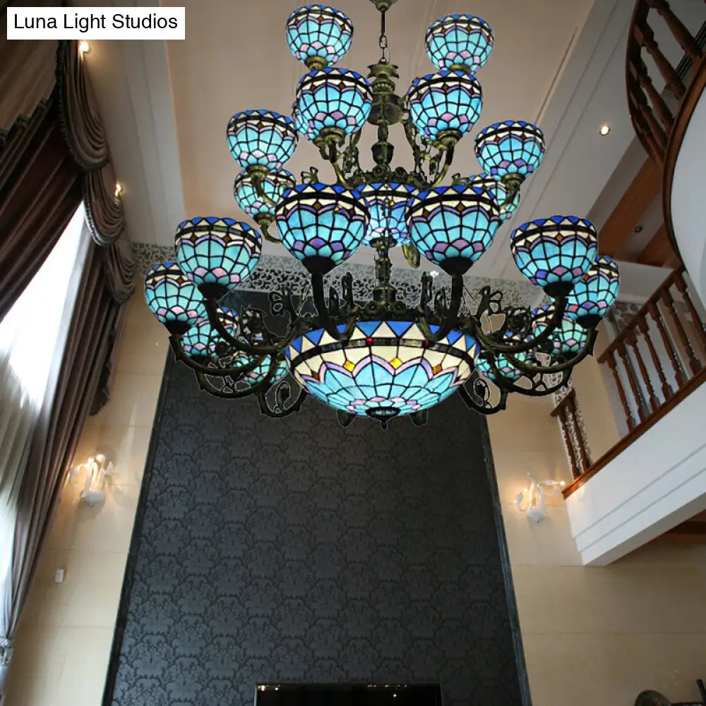 ثريا تيفاني بلمسة نهائية برونزية بثلاث طبقات لإضاءة أنيقة من الأعلى في غرف النوم وغرف المعيشة