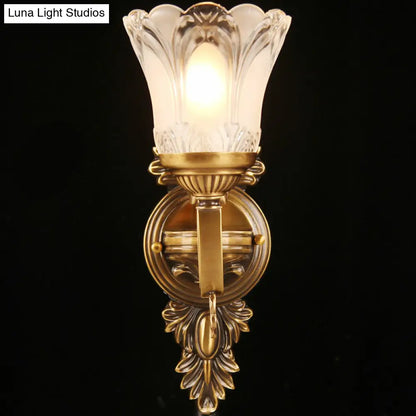 Bronze Floral Wall Sconce with Frosted White Glass - Single Bulb Wall Light for Aisle - Traditional Design