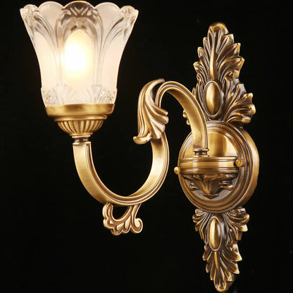 Bronze Floral Wall Sconce with Frosted White Glass - Single Bulb Wall Light for Aisle - Traditional Design