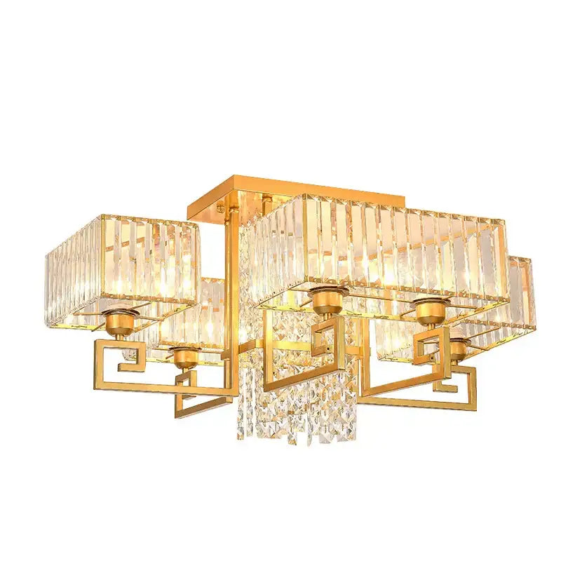Bronze geometric crystal rectangular ceiling pendant light with gold-toned frame and dangling faceted crystals for living room decorbites