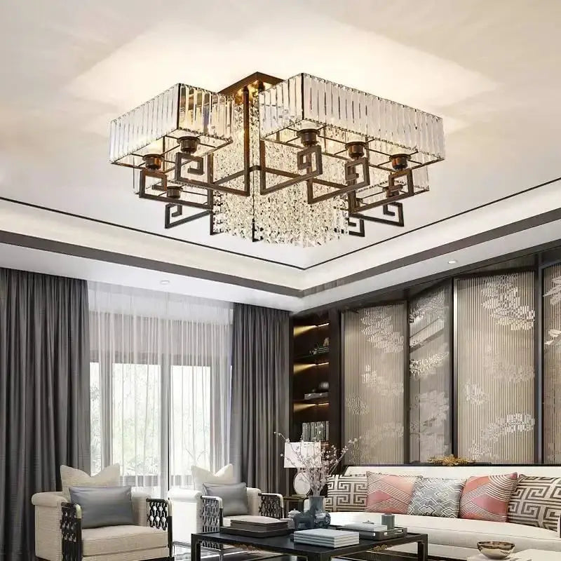 Bronze geometric crystal rectangular ceiling pendant light with faceted crystals for living room decorbites crystal rectangular