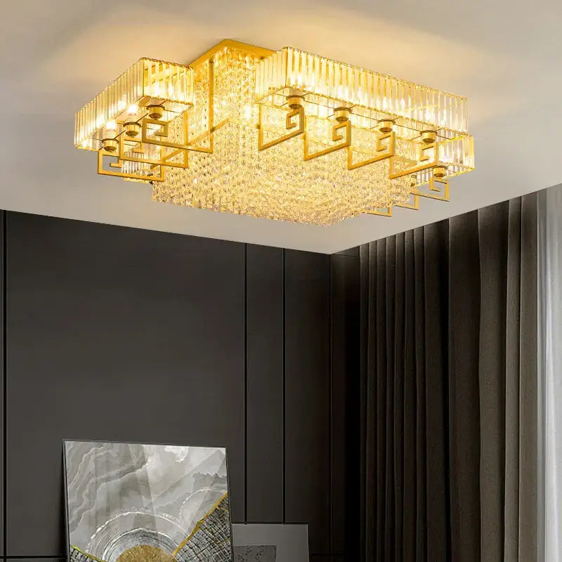Bronze geometric crystal rectangular ceiling light with gold frame and crystal accents for living room decorbites pendant light