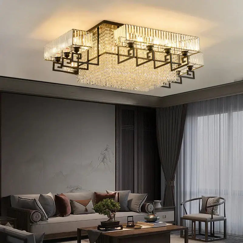 Bronze geometric crystal rectangular ceiling light with dark metal frame and lattice design pendant light for living room decorbites crystal rectangular