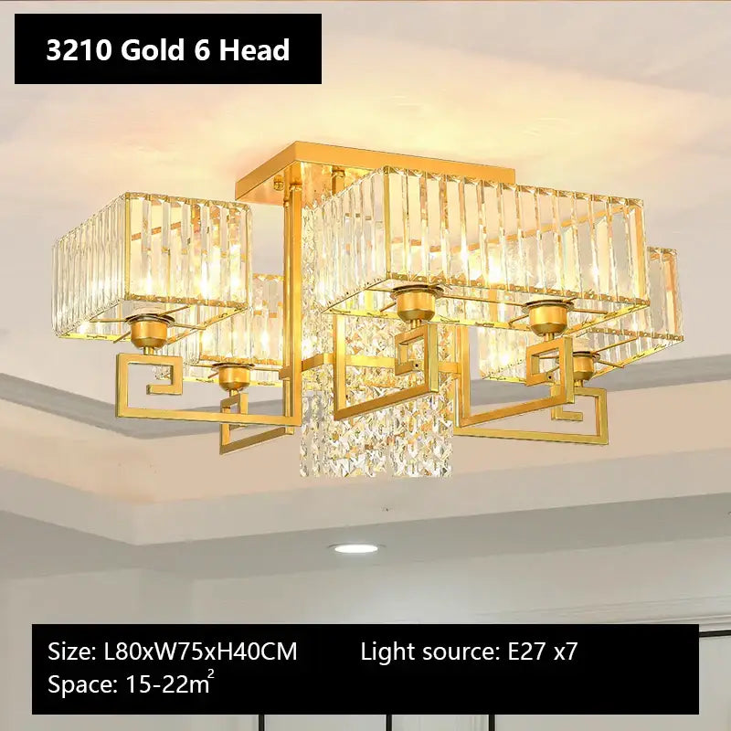 Gold-finished 3210 six-head pendant light with rectangular crystal prisms and geometric frame for living room decorbites crystal rectangular ceiling