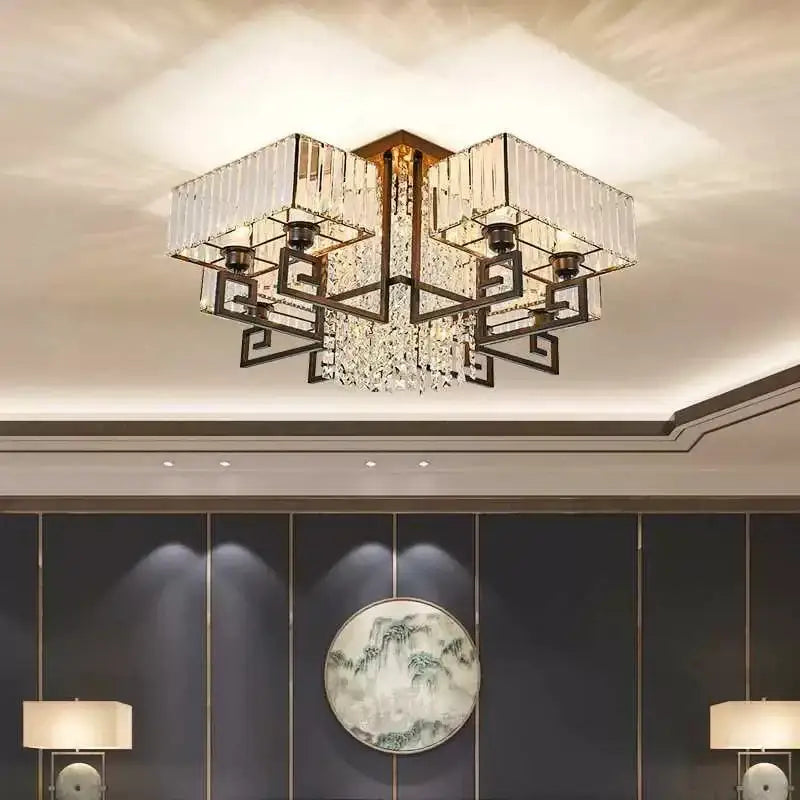 Bronze geometric crystal rectangular ceiling light with black metal frame and clear prisms pendant light for living room decorbites crystal rectangular