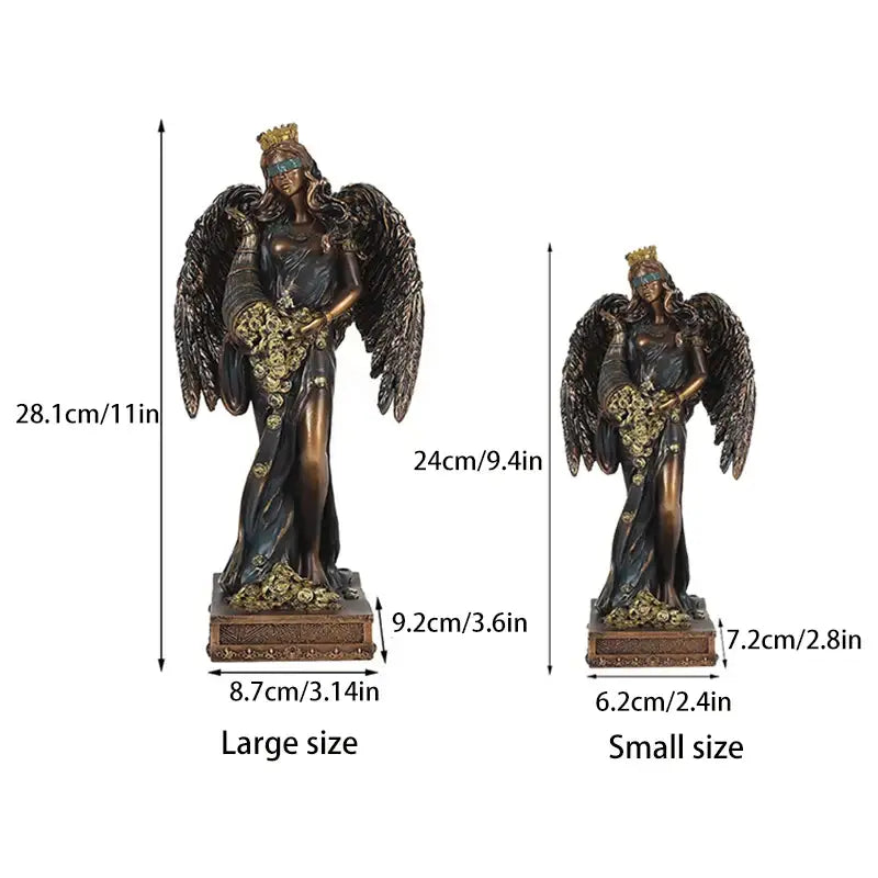 Bronze goddess fortune figurine with detailed wings and crown holding a bouquet of golden flowers for office decor