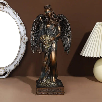 Bronze goddess fortune figurine with detailed wings and flowing robes holding a bouquet of golden flowers for office wealth decor