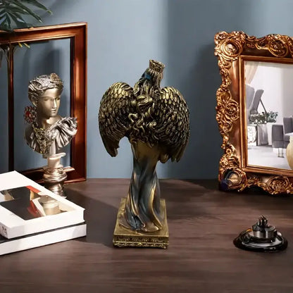 Golden angel goddess fortune figurine with detailed feathered wings and draped fabric on a square base for office decor