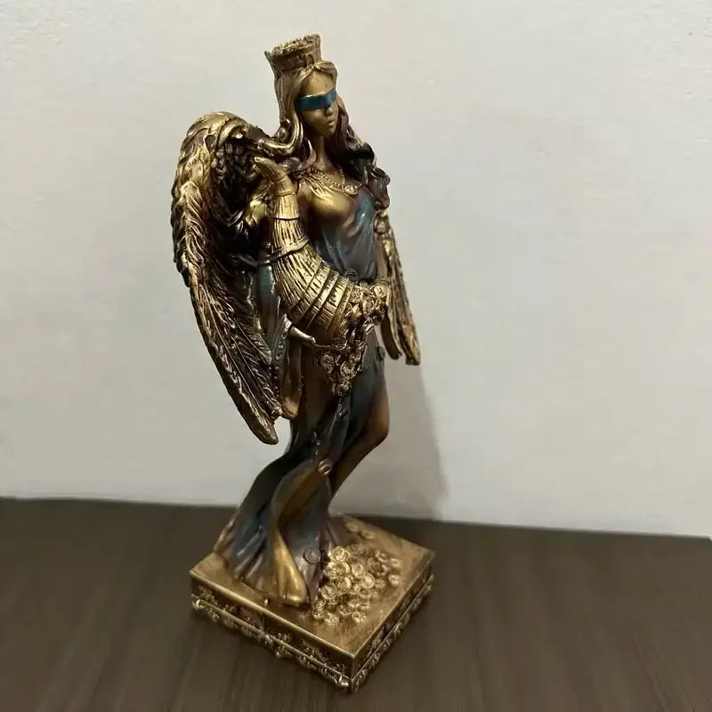 Golden bronze goddess fortune figurine with wings crown and blindfold office wealth sculpture decor