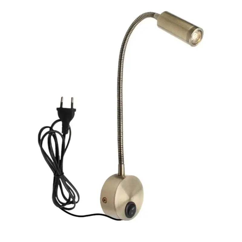 Bronze gooseneck led wall lamp with brass finish adjustable gooseneck arm and black power cord for bedroom reading sconce