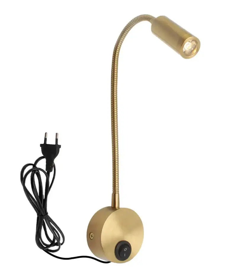 Gold-colored adjustable bronze gooseneck led wall lamp with flexible gooseneck and cylindrical head for reading sconce decorbites