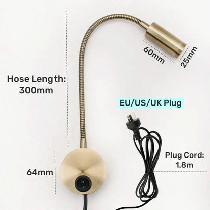 Bronze gooseneck led wall lamp with brass finish flexible hose and eu us uk plug for bedroom reading sconce decorbites bronze gooseneck