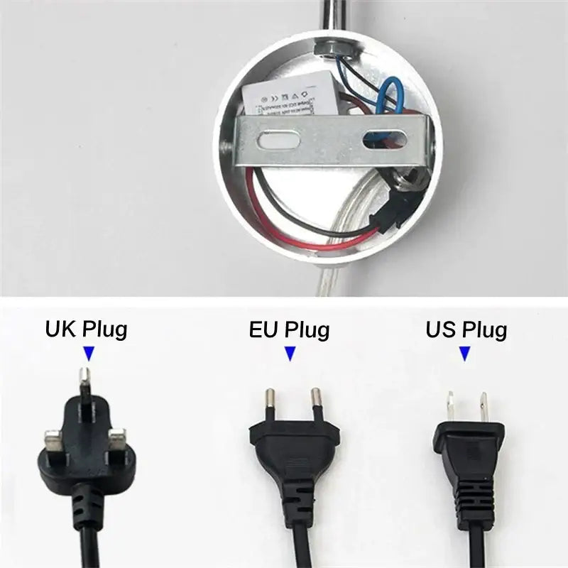 Silver circular ceiling light fixture with exposed wiring and metal bracket shown with uk eu and us plug adapters for decorbites bronze gooseneck led wall lamp